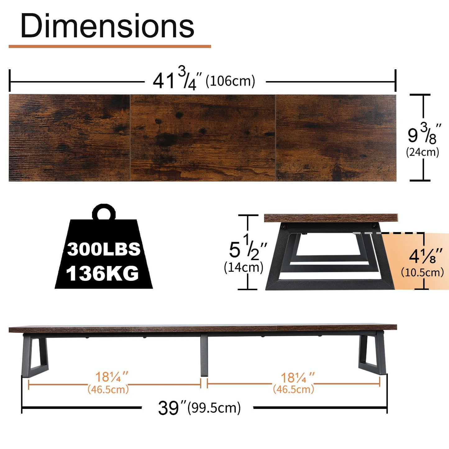 TEAMIX 42 inch Large [Dual] [Monitor] [Riser],Rustic Brown Extra Long TV [Stand Wood & Steel Desktop [Riser] with Storage for [Dual] Screen Office