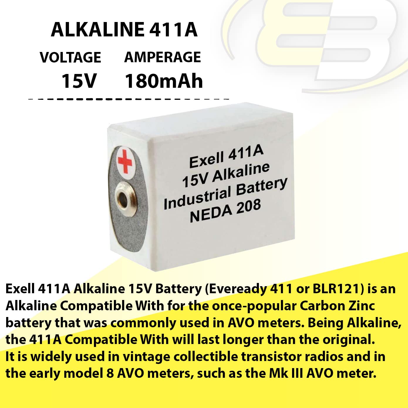 Exell 411A Alkaline 15V Battery Replaces NEDA 208, 10F20, BLR121, 411A ANSI 208 BA 331/U Burgess K10 Burgess U10 Eveready 10F20 Eveready B121…