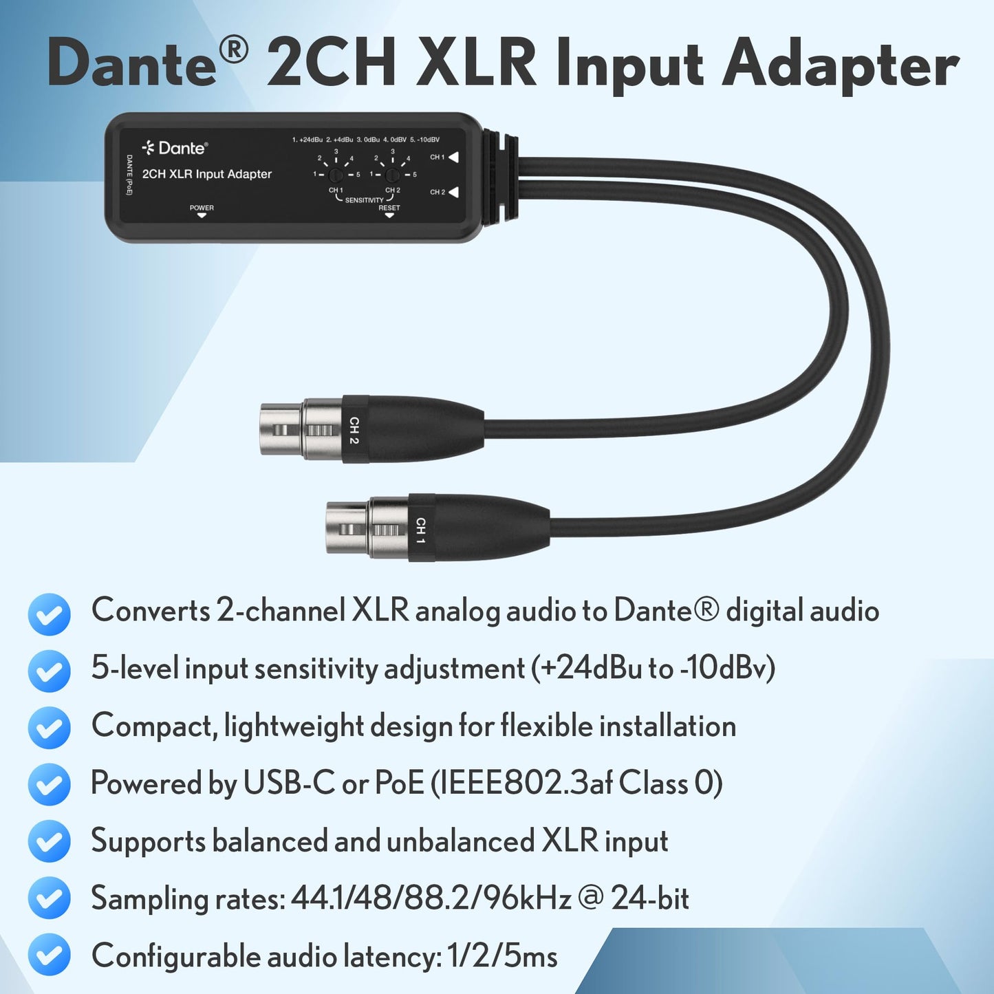 J-Tech Digital 2-Channel XLR to Dante Audio Input Adapter, Balanced/Unbalanced Analog to Digital Audio Converter Adapter, PoE & USB-C Power