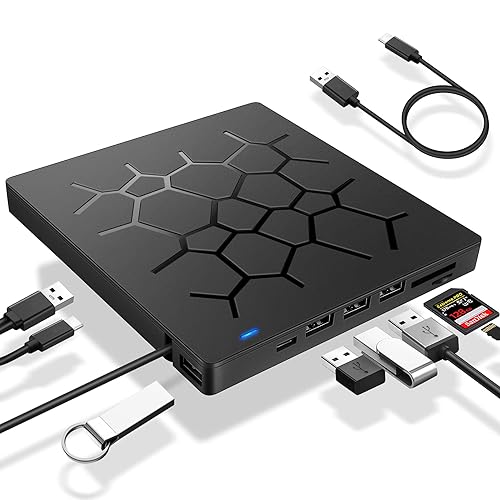 UHNDY External DVD Drive, USB 3.0 CD DVD Burner for Laptop, Type-C CD/DVD ROM +/-RW Optical Disk Drive with 4 USB Ports and 2 SD Card Slots, Ultra