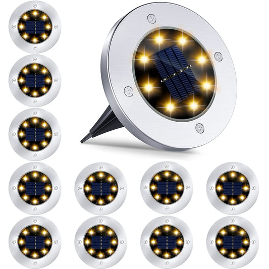 12 Pack 8LED Solar Garden Lights Outdoor Waterproof Sidewalk Disk Bright In-Ground Landscape Lighting for Lawn Patio Pathway Yard Steps Deck Walkway