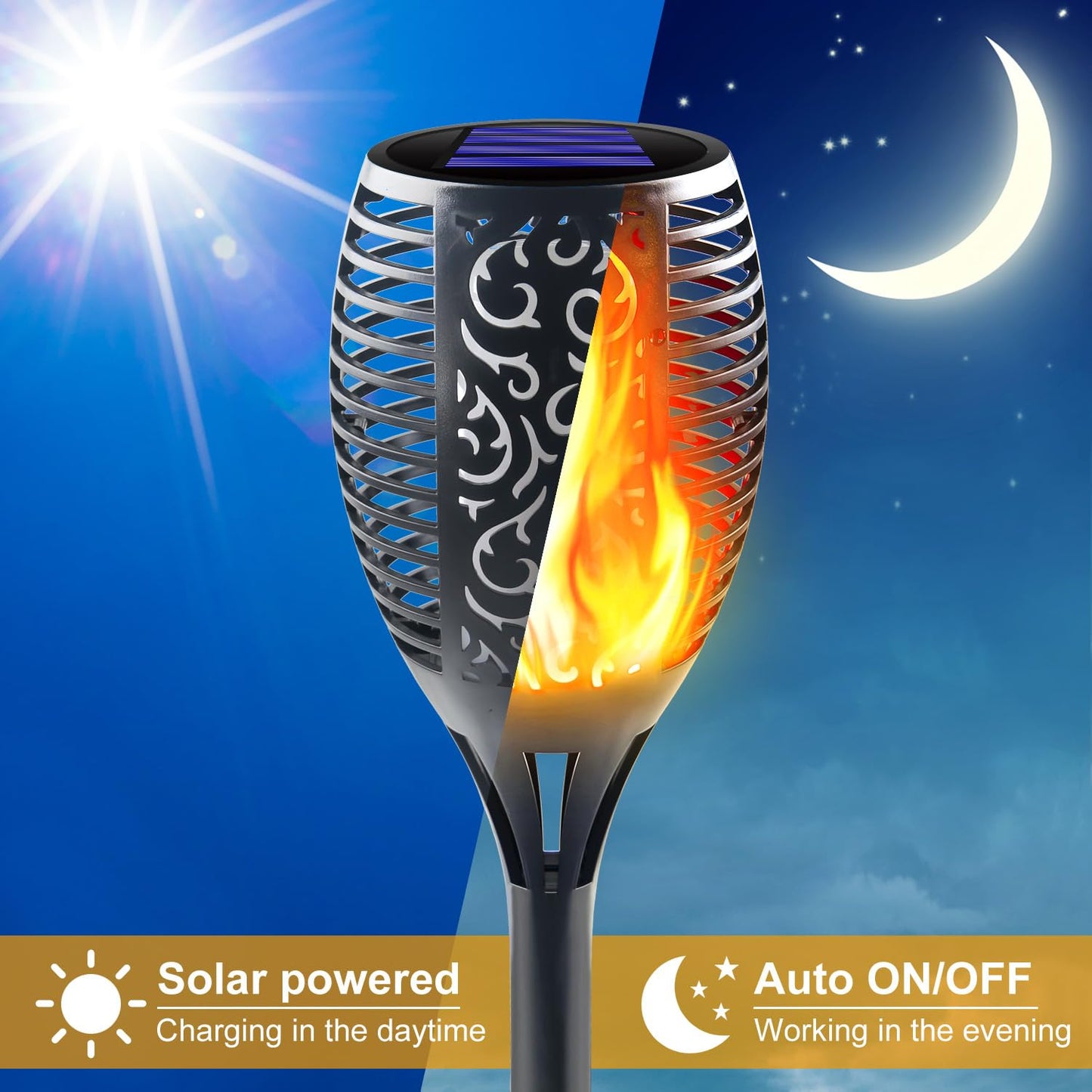 Awethone Large Solar Torch Light with Flickering Flame, 6 Pack Upgraded Outdoor Decorative Solar Tiki Torches - Super Bright LED Landscape Lighting