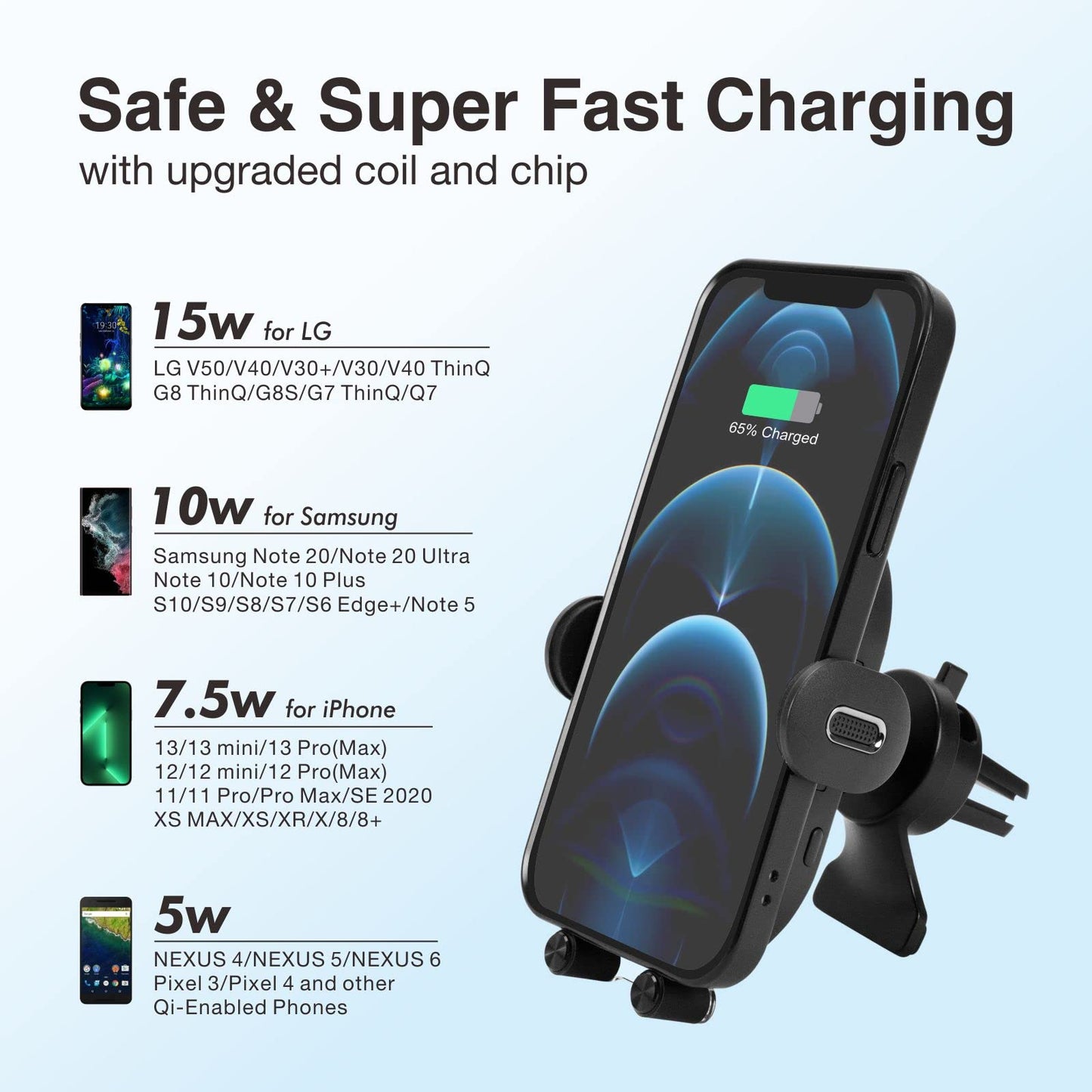 MOCA Wireless Car Charger, Qi 15W Auto Clamping Car Wireless Charger Air Vent Car Phone Mount Compatible with iPhone 17/17 Pro/17 Pro Max/16