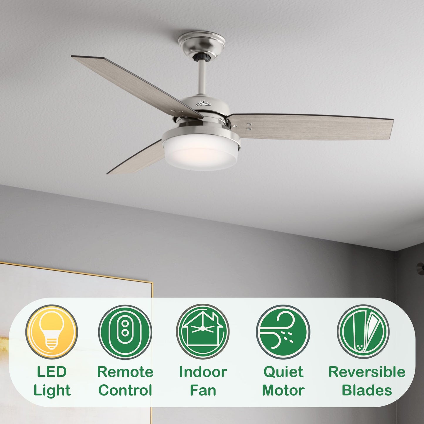 Hunter Fan 52 inch LED Ceiling Fan with Cased White Glass Light Kit, Brushed Nickel (Renewed)