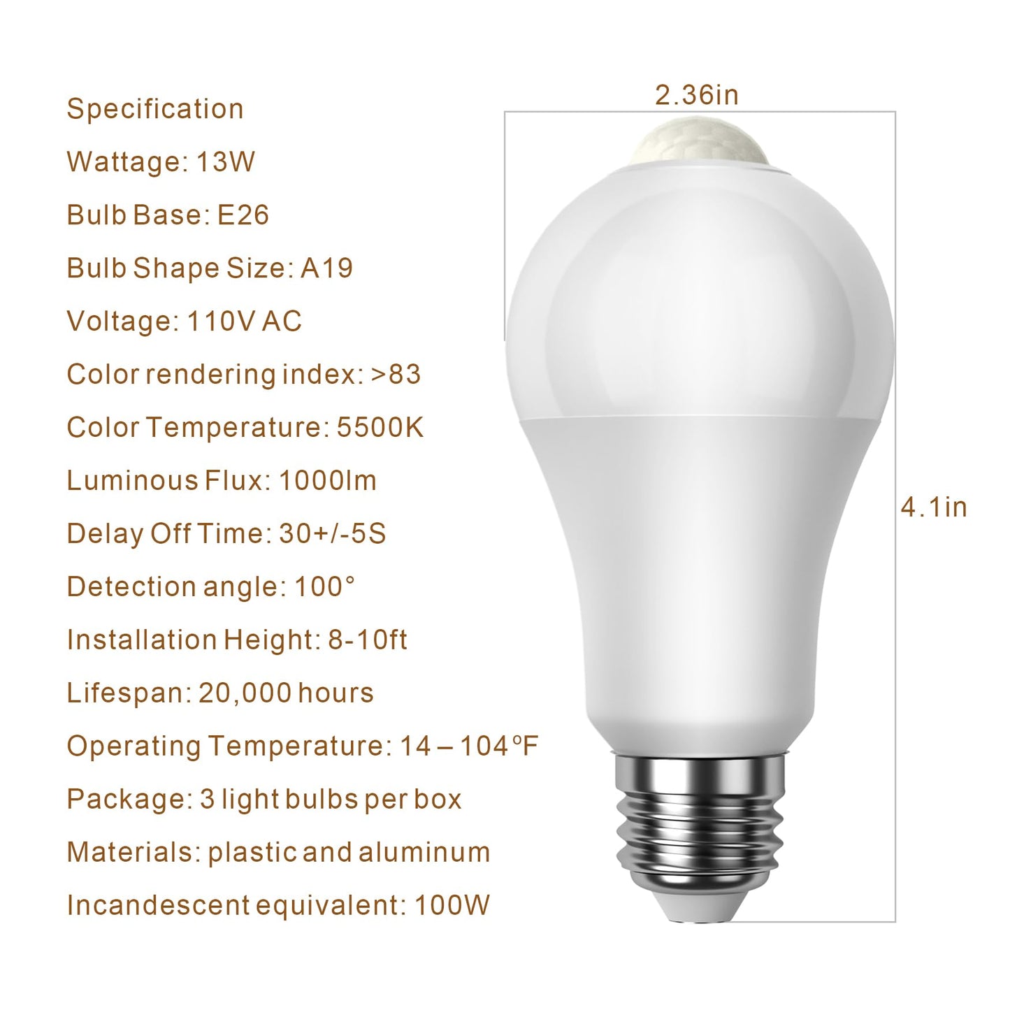 7117 Motion Sensor Light Bulbs, 13W (100Watt Equivalent), Motion Activated Dusk to Dawn Security LED Bulb, A19 E26 5500K Daylight, for Indoor