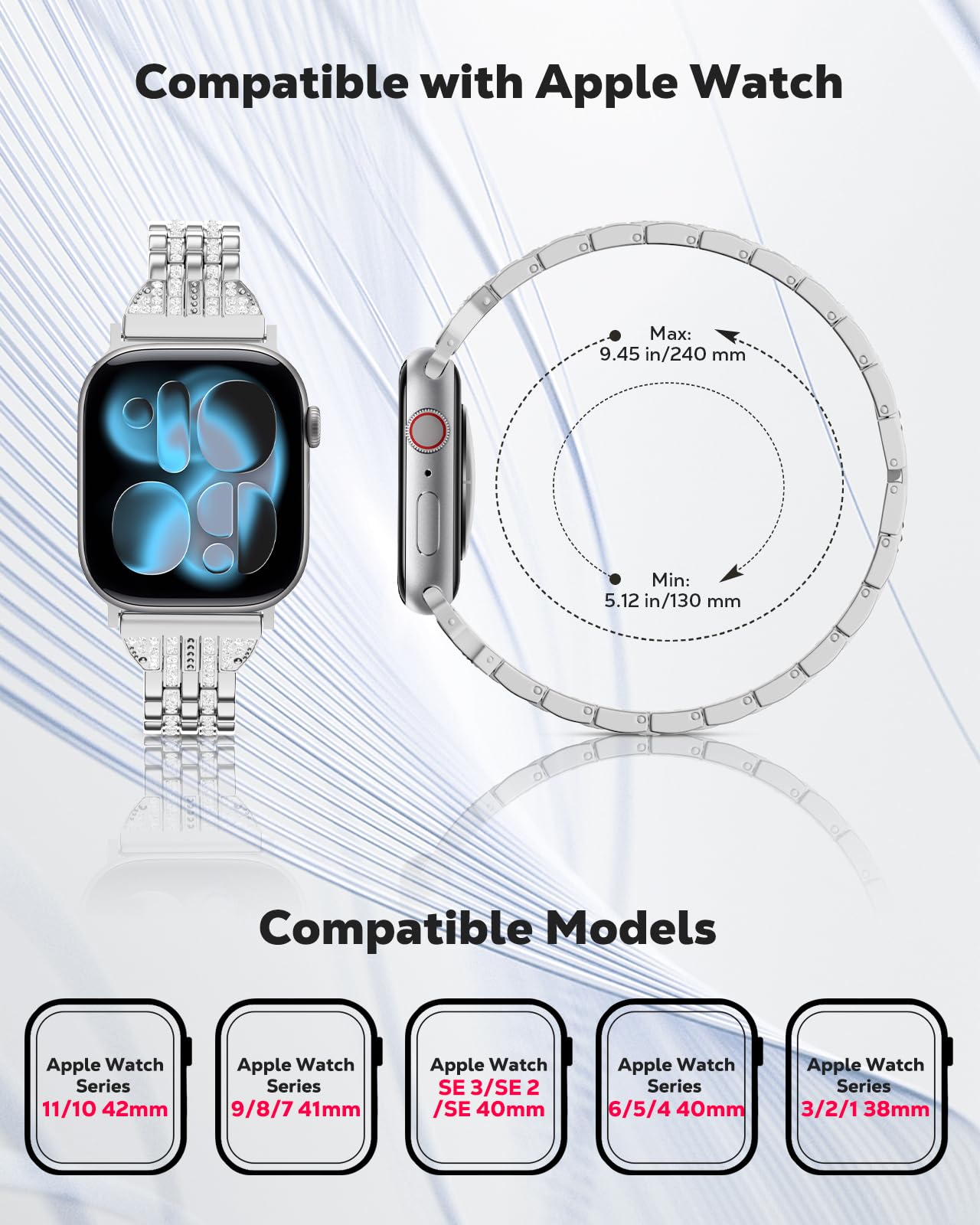 MoKo Metal Watch Band Compatible with Apple Watch Series 11/10 42mm, 9/8/7 41mm, SE3/SE2/SE/6/5/4 40mm, 3/2/1 38mm, Bling Diamond Dressy Jewelry Metal