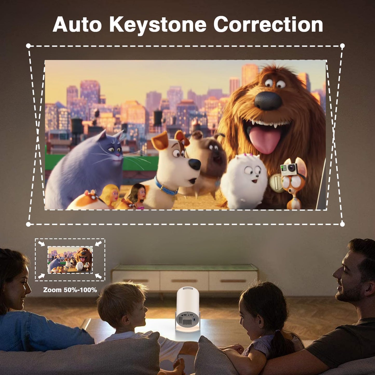 [Electronic Focus with Short Throw] PANSEBA Mini Projector with WiFi 6 and Bluetooth, Auto Keystone Outdoor Movie Projector, Big Screen Home Portable