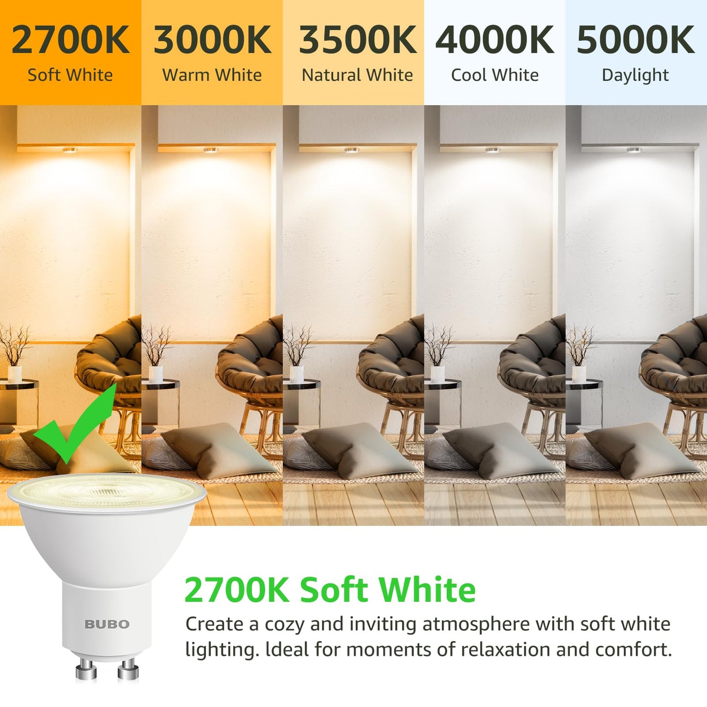 BUBO GU10 LED Bulb 6W Equivalent 50W, 2700K Soft White 650 Lumens, Non-Dimmable GU10 Bulb Replacement for Track Lighting, MR16 LED Bulb for Kitchen