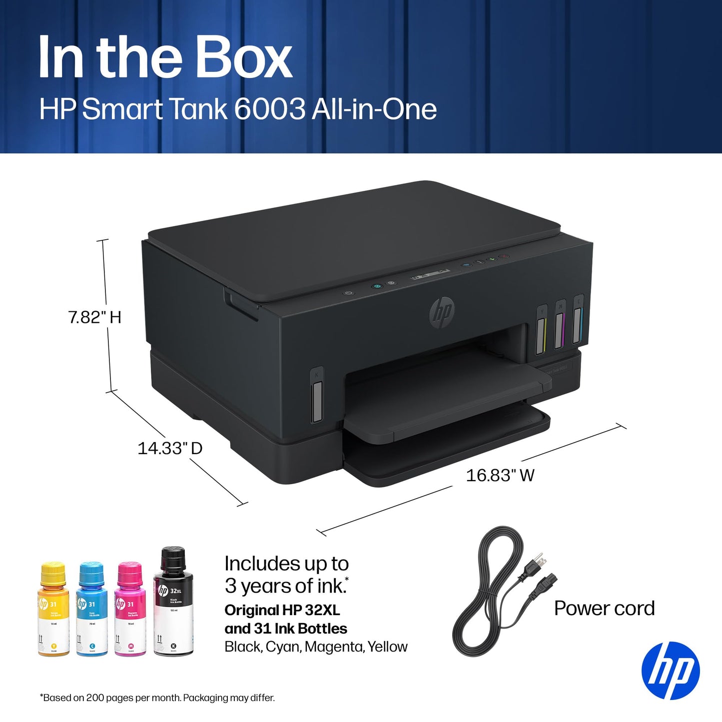 HP Smart Tank 6003 Wireless All-in-One Ink Tank Printer, Scanner, Copier with up to 3 Years of Ink Included, Best-for-Home, Cartridge-Free Refillable