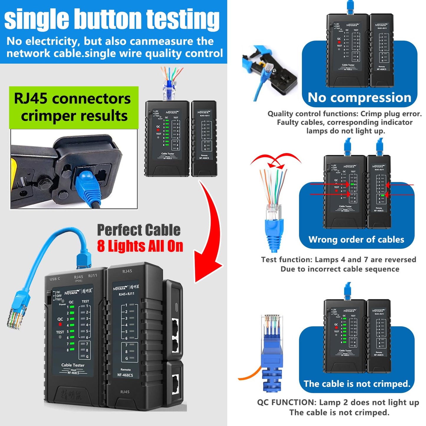 YILTION NF-468CS Network Cable Tester Telephone & Continuity Tester Ethernet Cable Mapper for RJ45/RJ11/RJ12/CAT5/CAT6/POE Test UTP/STP Network Test