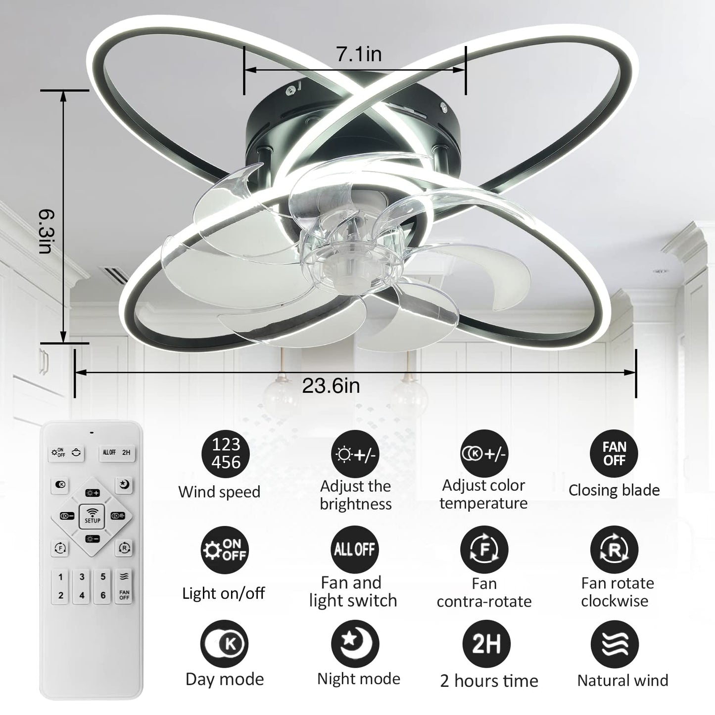 WWahuayuan Modern Ceiling Fan with Lights Remote Control, Silent 6 Speed 3 Color Dimmable Ceiling Fan Lamp Fandelier with Invisible Blades for Living