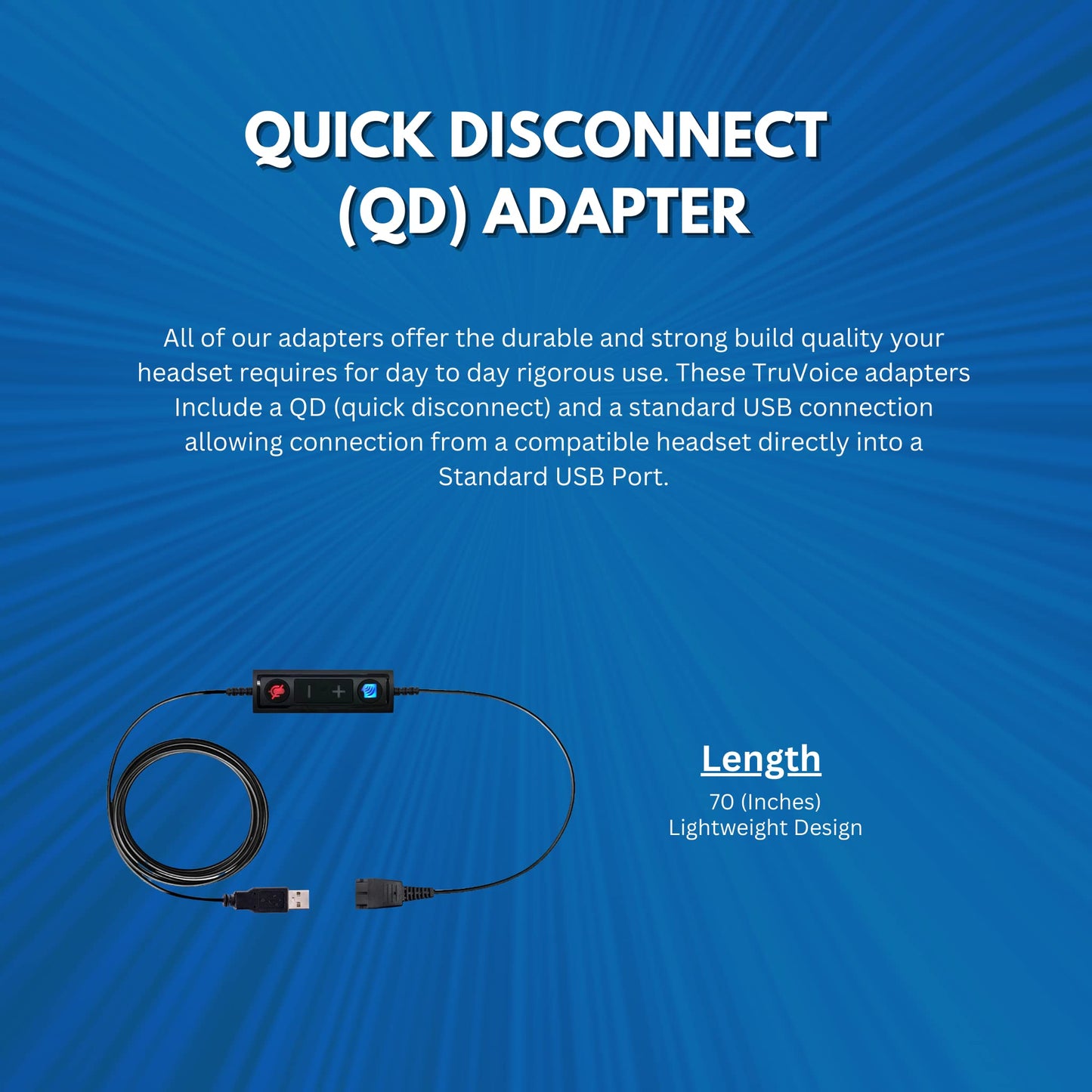 TruVoice USB Adapter Compatible with Any Jabra Quick Disconnect (QD) Wired Headset and Includes Volume Control and Mute Functionality (Connects