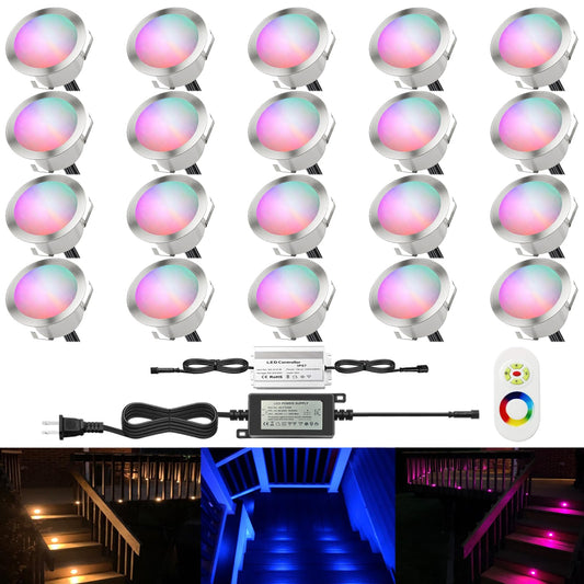 CHNXU LED Outdoor Deck Lights Kits, ?1.77in RGB 20 Pack Silver, Low Voltage 12 Volt DC IP67 Waterproof, Multi Color Changing Remote Dimmable, Recessed