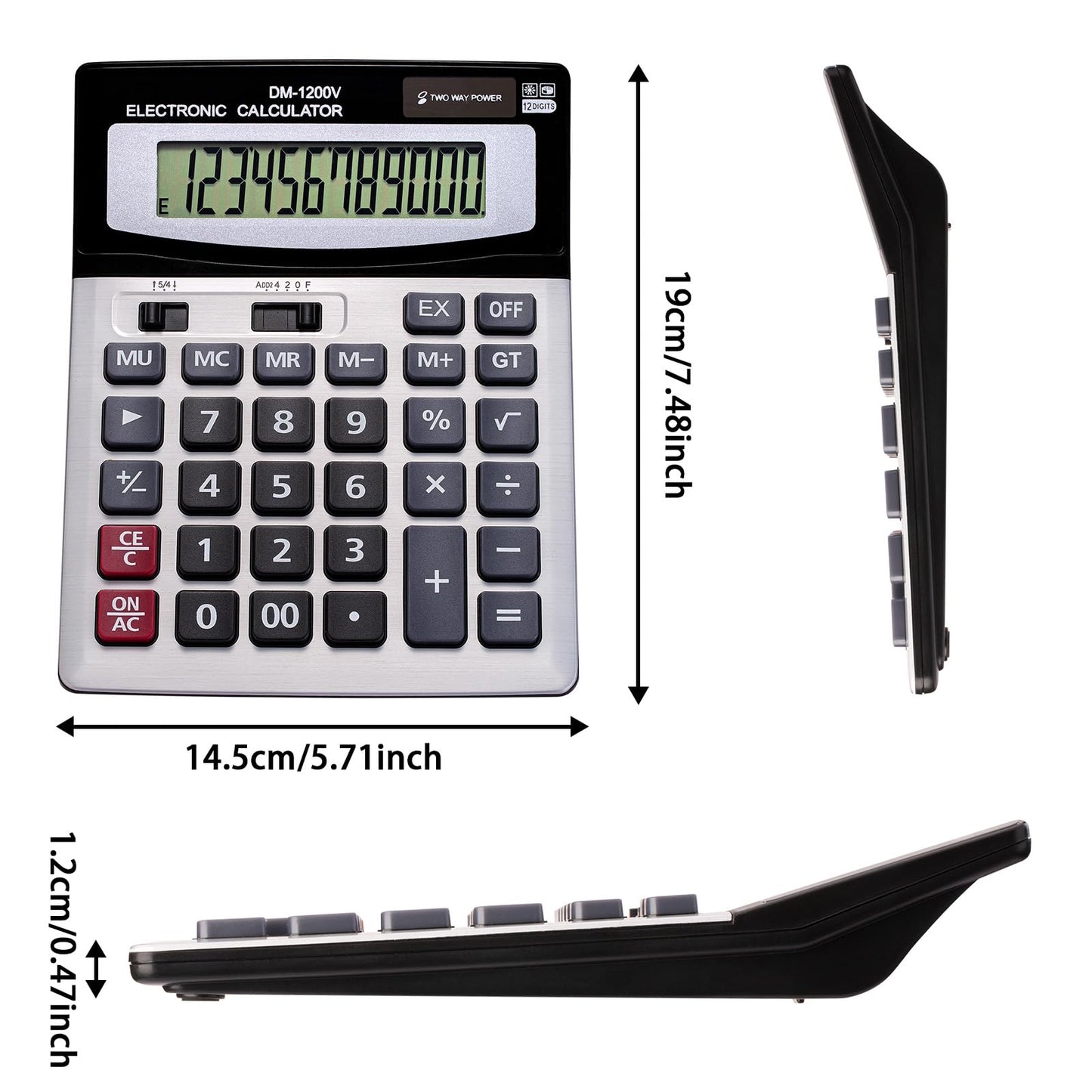 YEBMoo 12 Digit Desktop Calculator with Large LCD Display and Sensitive Button, Dual Solar Power and Battery, Standard Function for Office (YE1200v)