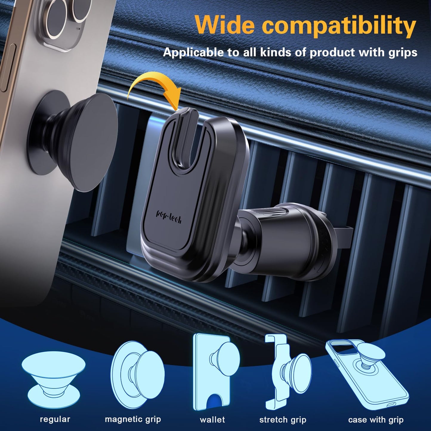 pop-tech Car Vent Phone Mount for Thick Socket Grip, Air Vent Clip Phone Holder Compatible with Magsafe Wallet Black & iPhone Samsung Card Holder