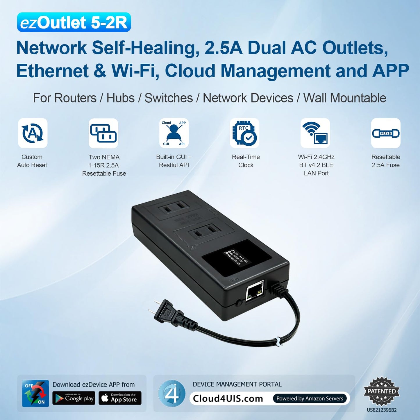 ezOutlet5-2R Smart Power Reset Device with Auto-Reset, 2 NEMA Sockets 2.5A, Wi-Fi & Bluetooth & App Controllable via LAN/Cloud, Router Rebooter