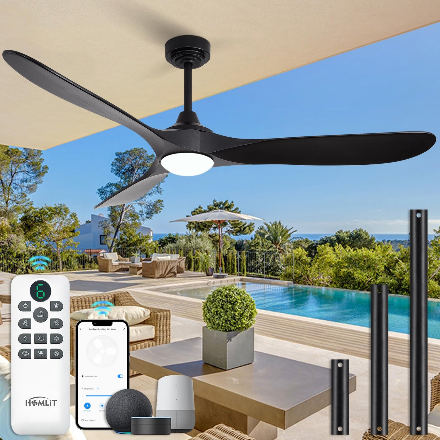 Homlit 60” Outdoor Ceiling Fan with Light 3 Downrods, Smart Wood Ceiling Fan Compatible with Alexa/Google/App, 3 Blades Modern Black Wood Ceiling Fans