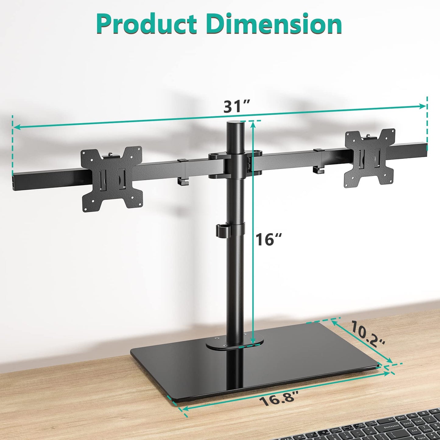 WALI Free Standing Dual Monitor Stand, Height Adjustable Monitor Mount with Glass Base, Fits LCD LED Flat Curved Screen up to 27 inch, 22lbs