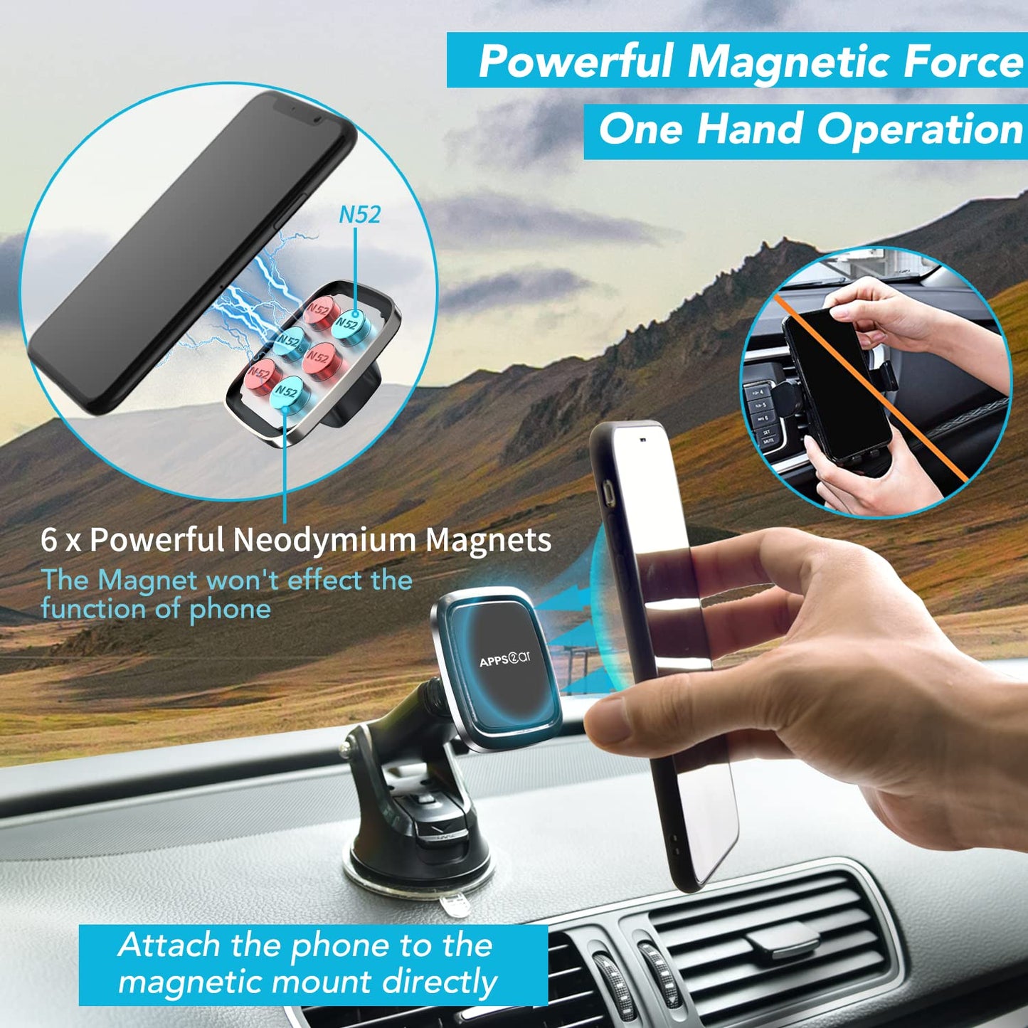 APPS2Car 3-in-1 Car Phone Mount Magnetic Dashboard Windshield Air Vent Mount Phone Holder for Car Universal Car Phone Holder with Powerful Suction Cup