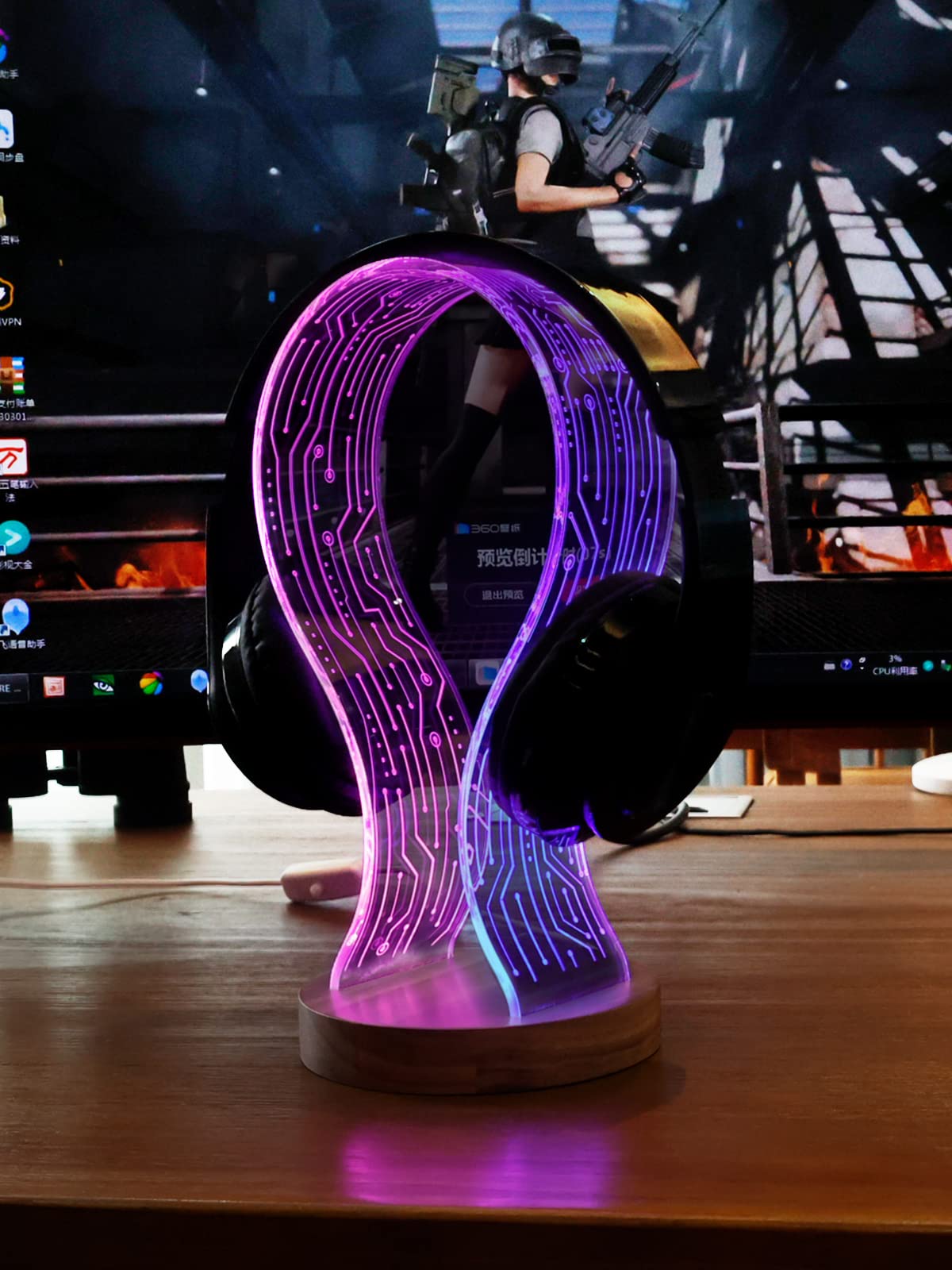 YuanDian Headphone Stand, Walnut Wood Headset Holder with Blue Pink LED Night Light for Gamers, Men, and Music Lovers - Perfect Desk Gift Idea