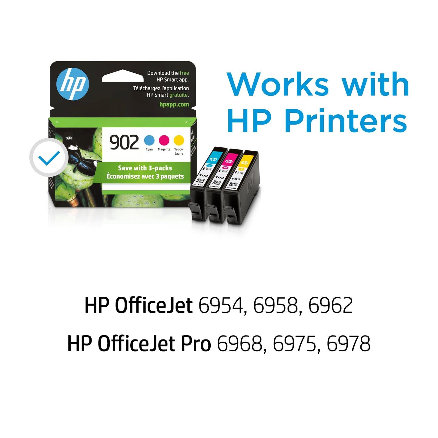 HP 902 Cyan, Magenta, Yellow Ink Cartridges | Works with OfficeJet 6950, 6960, Pro 6960, 6970 Series | T0A38AN