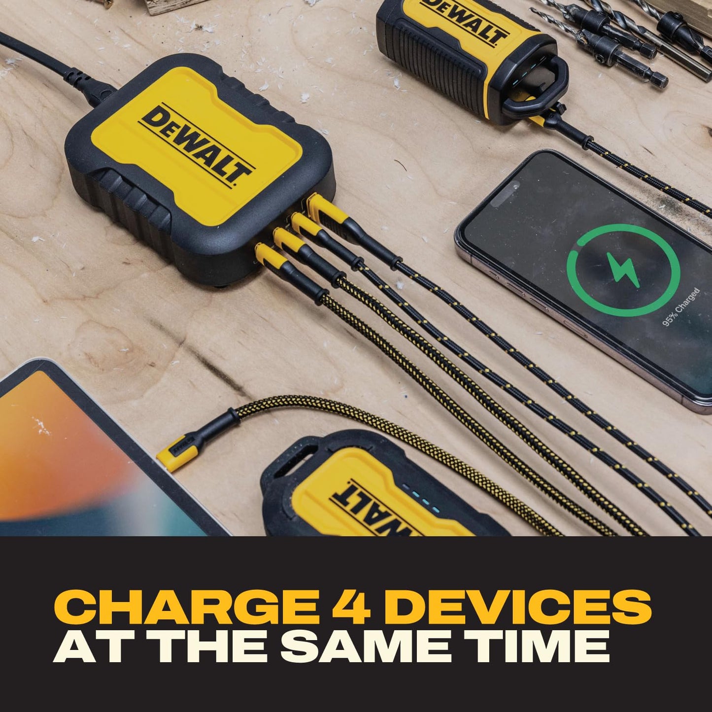 DEWALT Heavy Duty 4 Port USB C Charger Block, 100W USB C Charger Intelligent Power Sharing, 6ft Power Cord, Charge 4 Devices Compatible w/DEWALT 20V