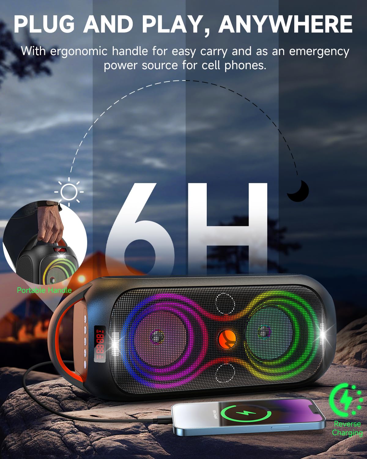 Wireless TWS Portable Bluetooth Speaker, Beat-Driven Lights, 120dB Loud Stereo Party Speaker with Bluetooth 5.3, USB/TF/AUX/FM/Mic, Built-in Carry