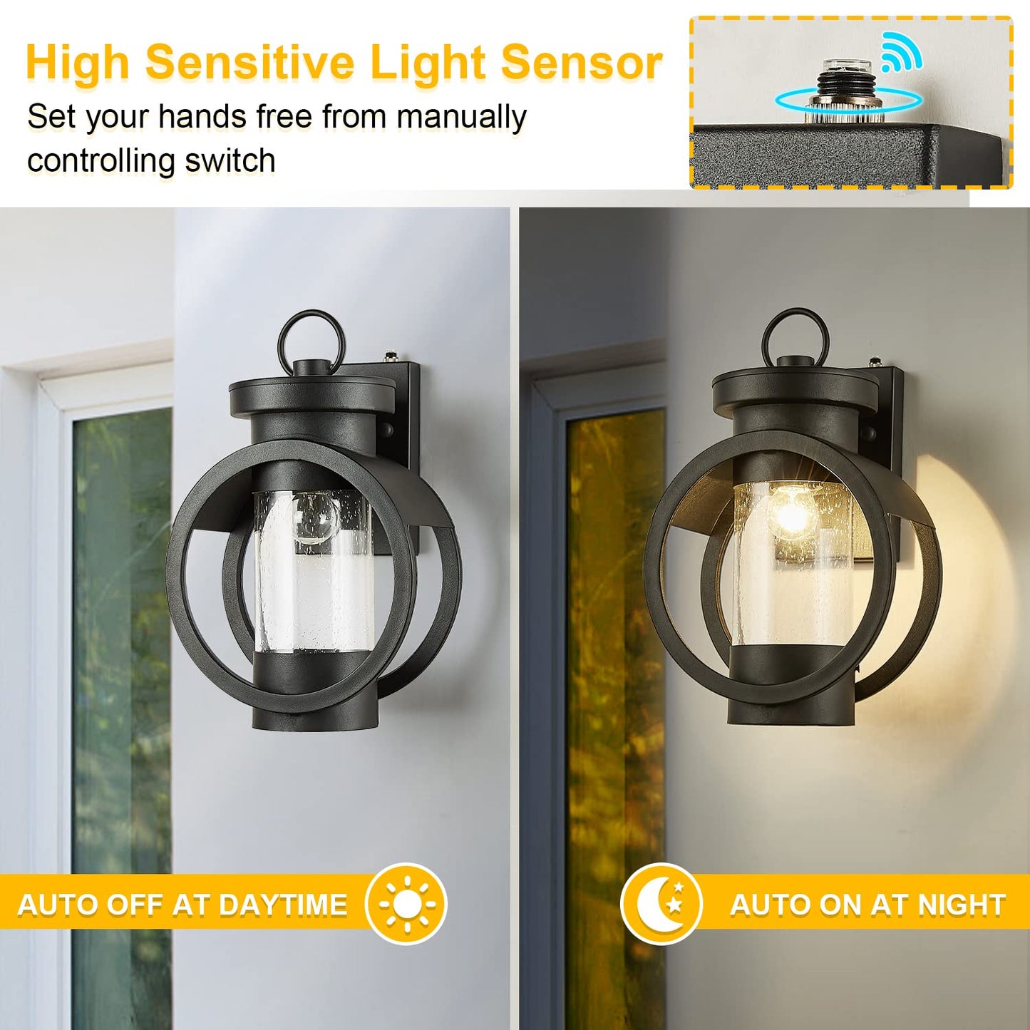 Dusk to Dawn Sensor Industrial Outdoor Wall Sconce Modern Exterior Wall Mounted Light Fixture Waterproof Outdoor Wall Lantern, Matte Black Outside