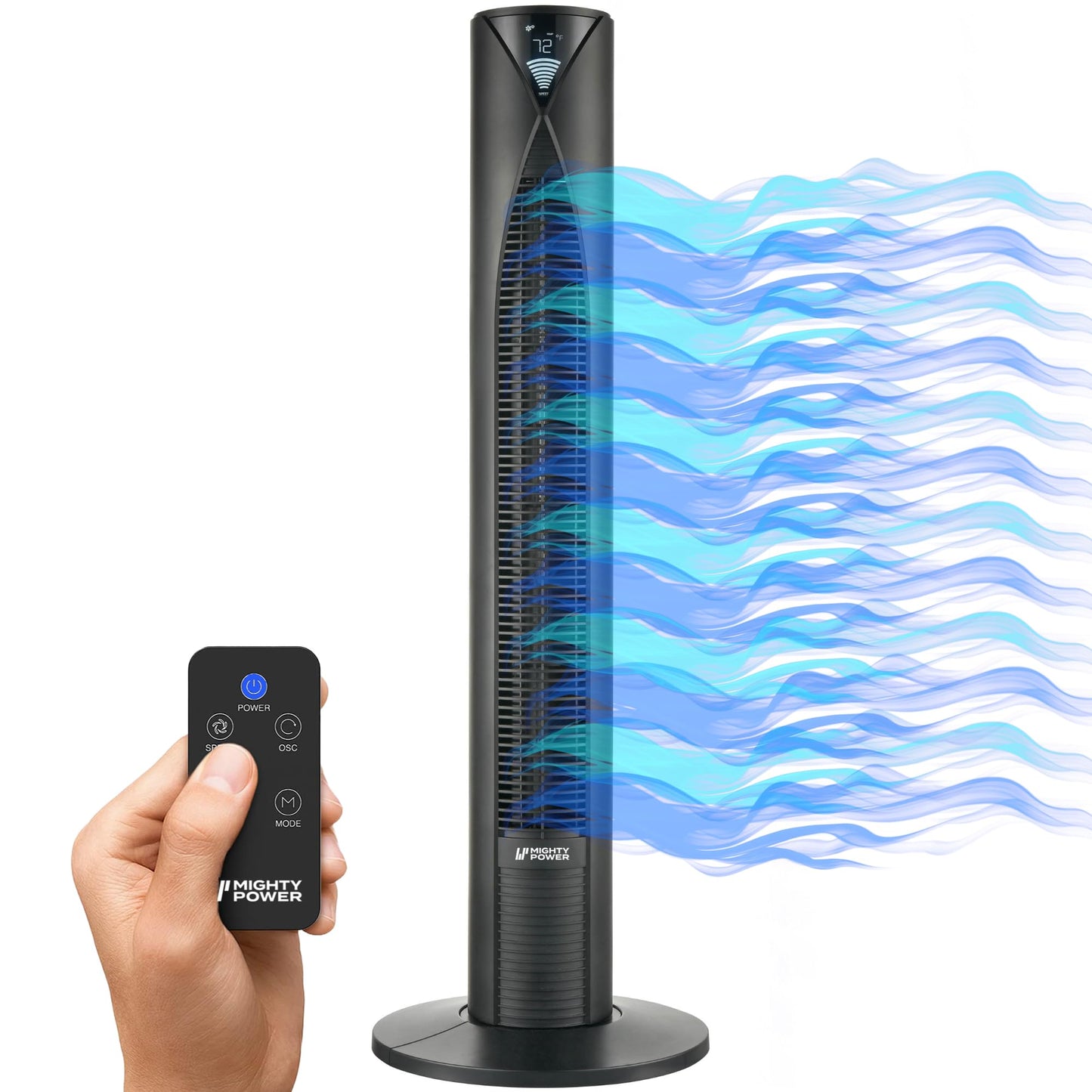 Mighty Power Tower Fan 38 Inch, Ultra-Quiet Oscillating Bladeless Fan with Remote, 3 Speeds, 4 Mode Types, LED Display, 12H Timer, Black, Floor