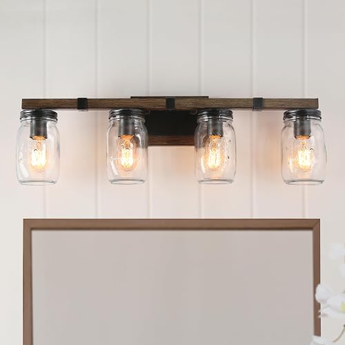 LOG BARN Rustic Bathroom Vanity Light with Mason Jar Glass, Farmhouse 4-Light Sconces Wall Lighting, Faux-Wood Finish, 29 inches