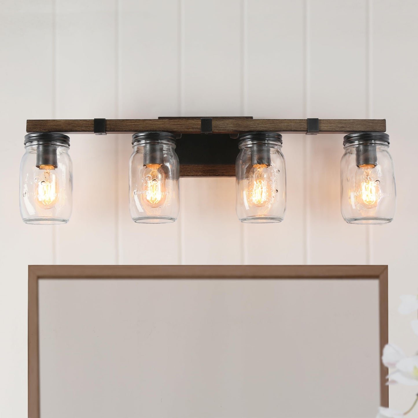 LOG BARN Rustic Bathroom Vanity Light with Mason Jar Glass, Farmhouse 4-Light Sconces Wall Lighting, Faux-Wood Finish, 29 inches