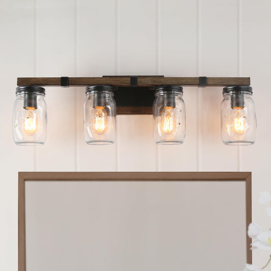 LOG BARN Rustic Bathroom Vanity Light with Mason Jar Glass, Farmhouse 4-Light Sconces Wall Lighting, Faux-Wood Finish, 29 inches