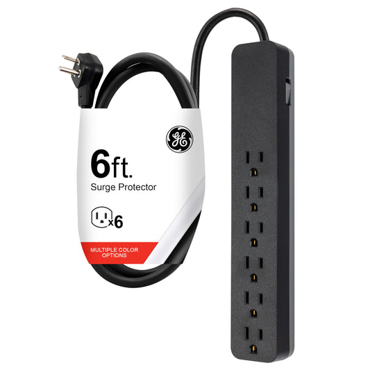 GE 6-Outlet Surge Protector, 6 Ft Extension Cord, 1080 Joules, Power Strip, Flat Plug, Integrated Circuit Breaker, Wall Mount, ETL Listed, Black