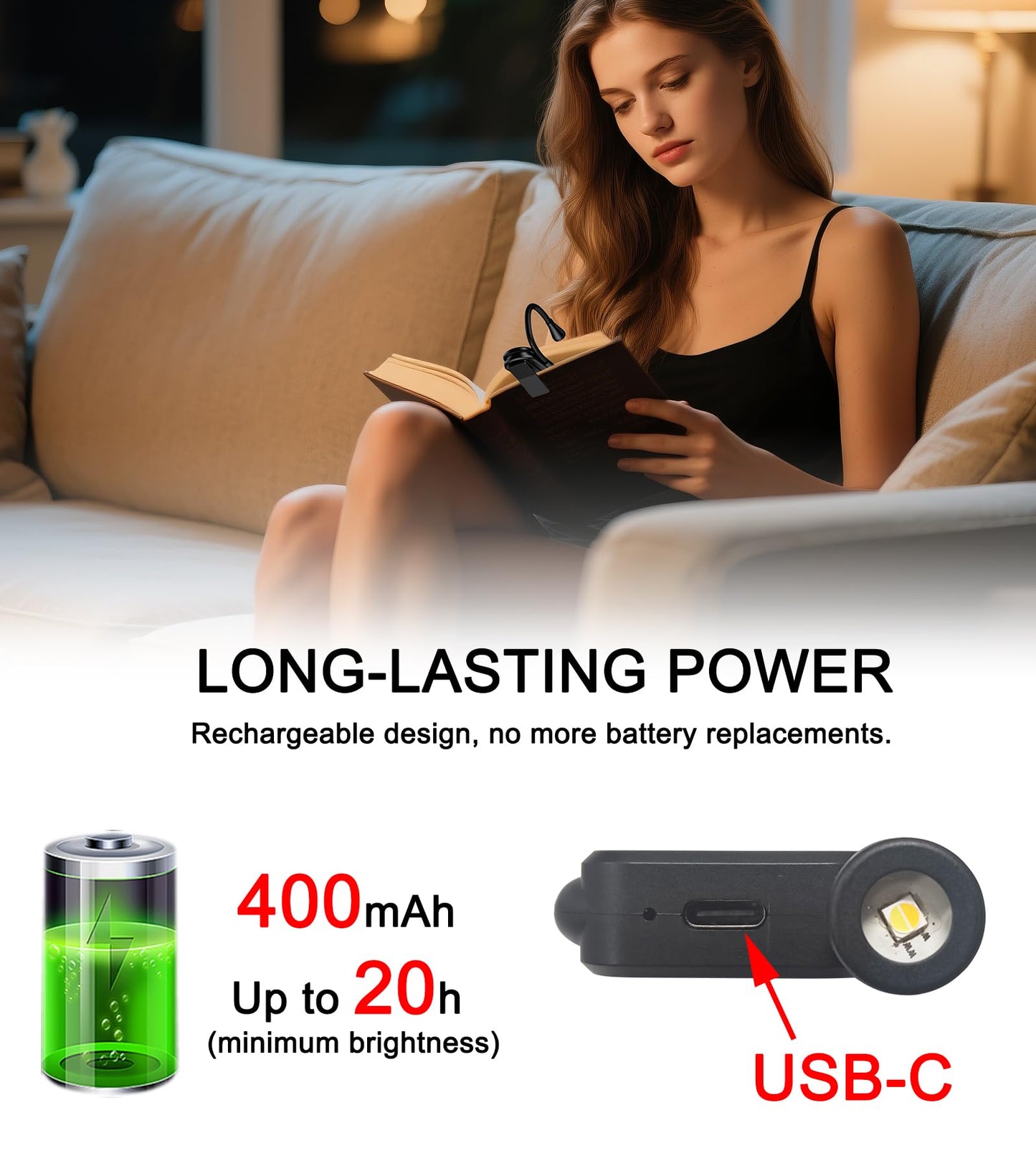 SURPOOTER Clip on Book Light, 3 Light Colors and stepless Brightness Adjustment, 360° Flexible, Small Lightweight Clip On Book Reading Light
