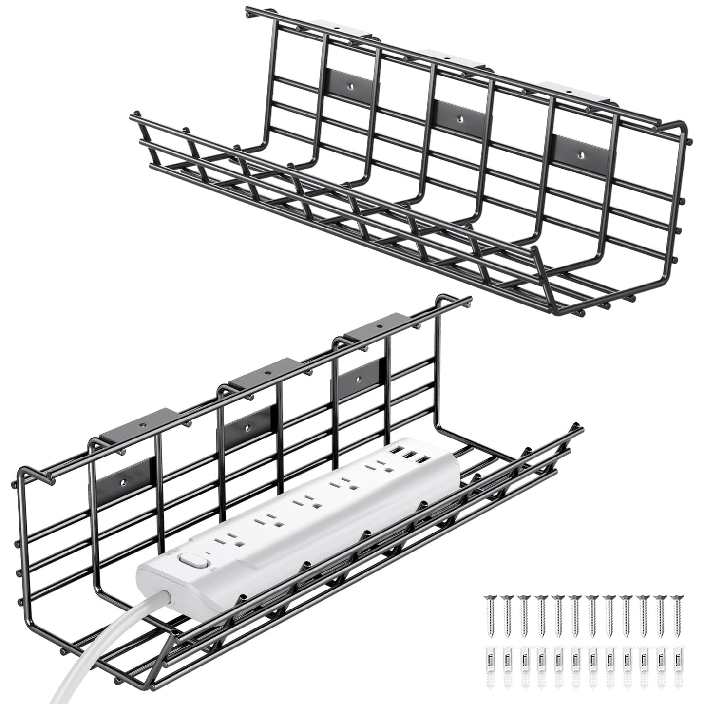2 Pack DELAMU Under Desk Cable Management Tray, Large Metal Cord Organizer, Office & Home Cord Wire Management Under Desk Shelf, Easy Install