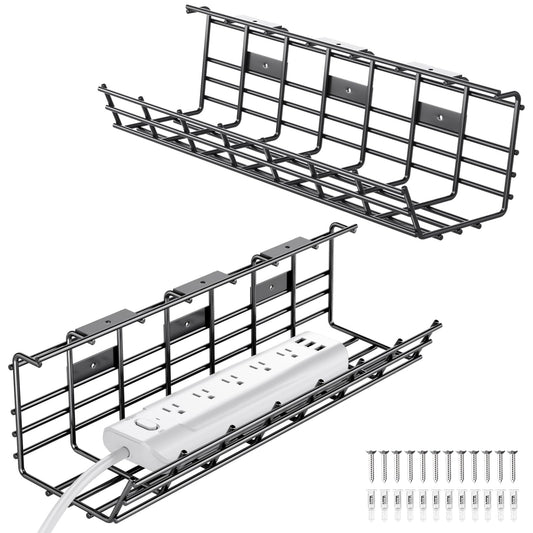 2 Pack DELAMU Under Desk Cable Management Tray, Large Metal Cord Organizer, Office & Home Cord Wire Management Under Desk Shelf, Easy Install