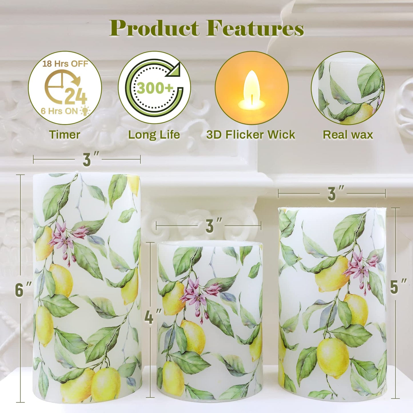 Crystal Club Lemon Flameless Candles with Remote and Timer, Battery-Operated Spring Theme LED Pillar Candles, Realistic Candle for Home Birthday Party