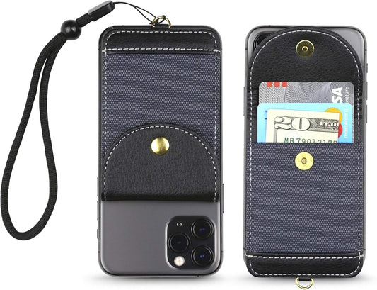 Cell Phone Wallet for Back of Phone with Wrist Strap, Stick On Wallet Credit Card ID Holder with RFID Protection Compatible with iPhone, Galaxy & Most
