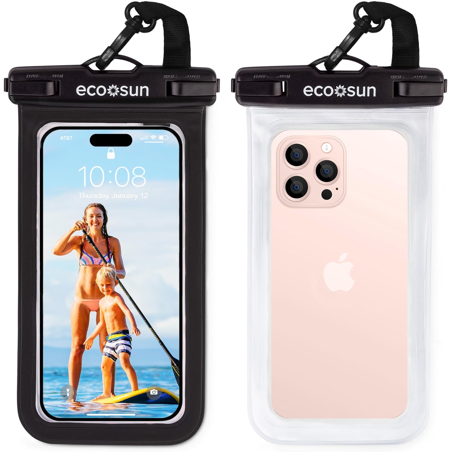 Eco Sun Waterproof Phone Pouch (2-Pack) - Designed in Hawaii - Case Fits All iPhones (incl. 17 Pro Max), Samsung Galaxy S24 & More (Black/Clear)