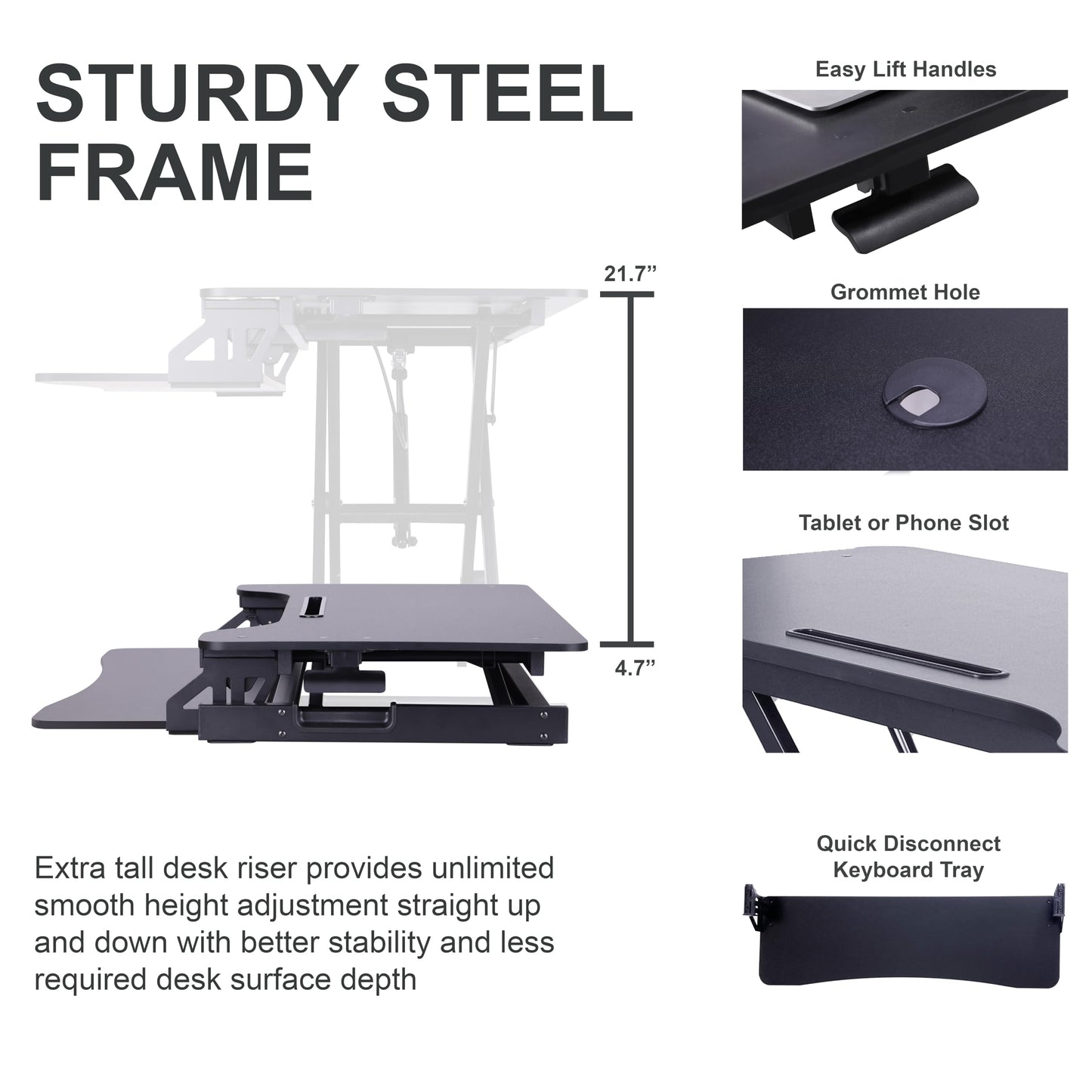 Rocelco 43" Height Adjustable Standing Desk Converter - Tall Sit Stand Up Tabletop Riser with Tablet Slot - Home Office Computer Workstation - Deep