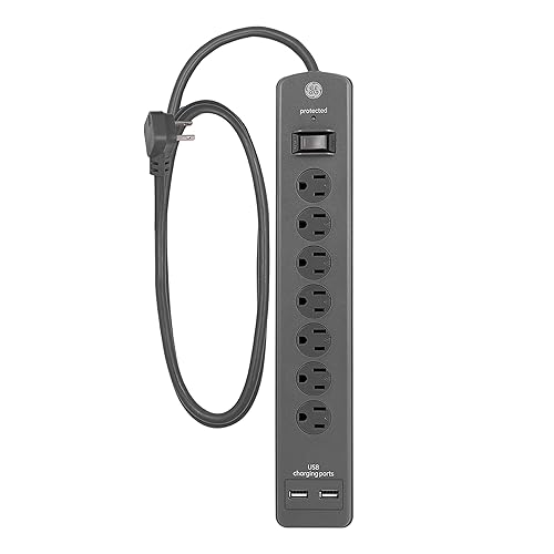 GE Home Electrical GE UltraPro Surge Protector, 7 Outlet Power Strip, 2 USB Charging Ports, 4 Ft Extension Cord, 3 Prong, Grounded, Flat Plug, 1500