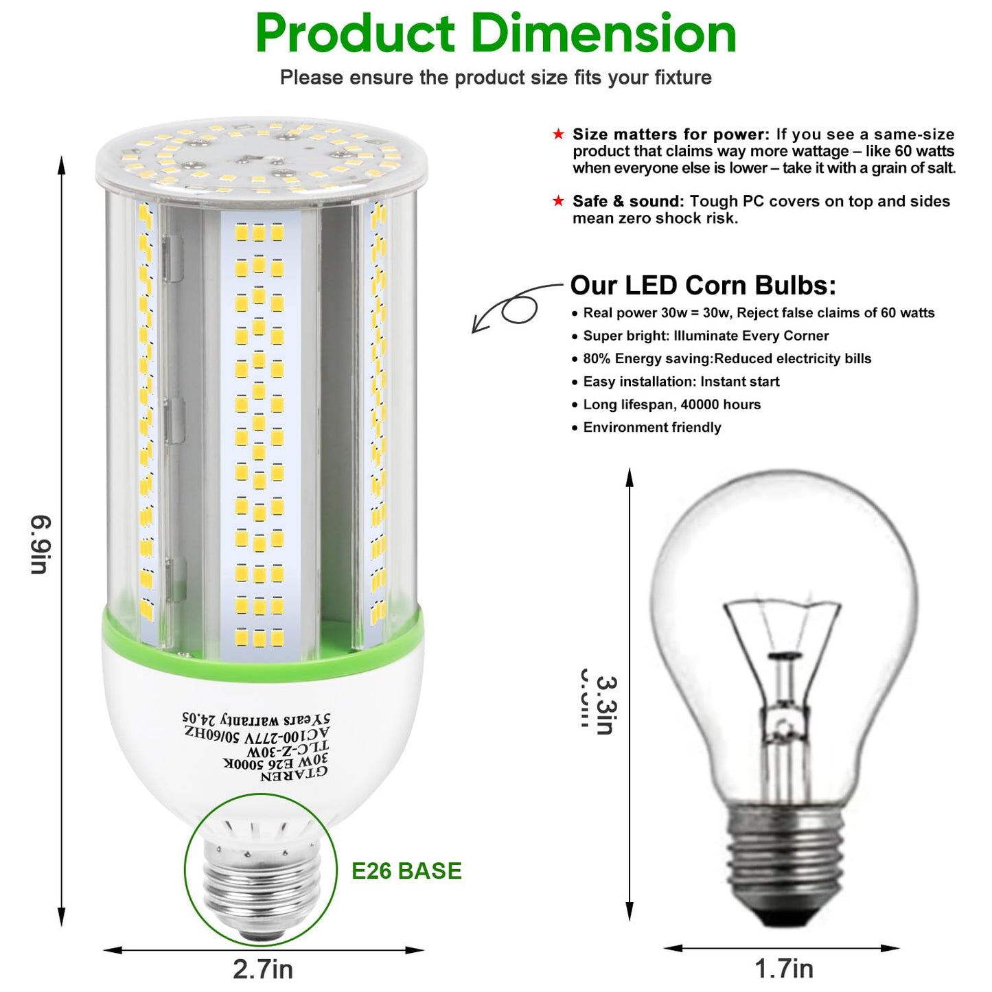 GTAREN 30W LED Corn Light Bulb,300W Equivalent,5000K Daylight,E26/E39 Base,4200 Lumens - Replace CFL/HPS/HID Lamp,for Home,Basement,Backyard,Shop,Barn