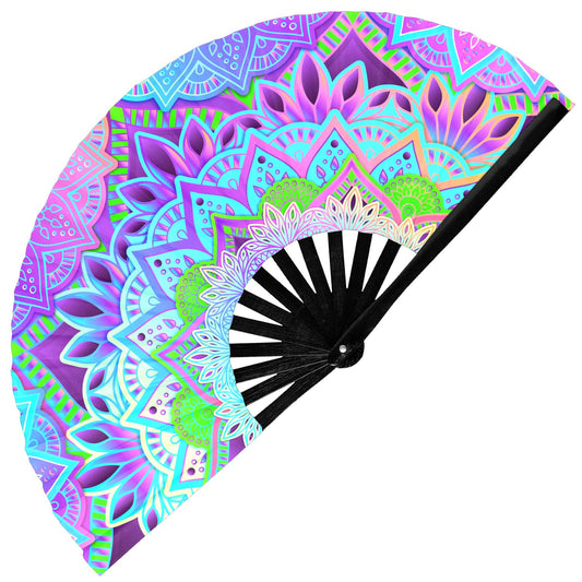 GloFX UV Glow Mandala Rave Handheld Fan - Teal, Pink, Purple & Green Design - Large Folding Fan for Festival Fashion, Essential Rave Accessories