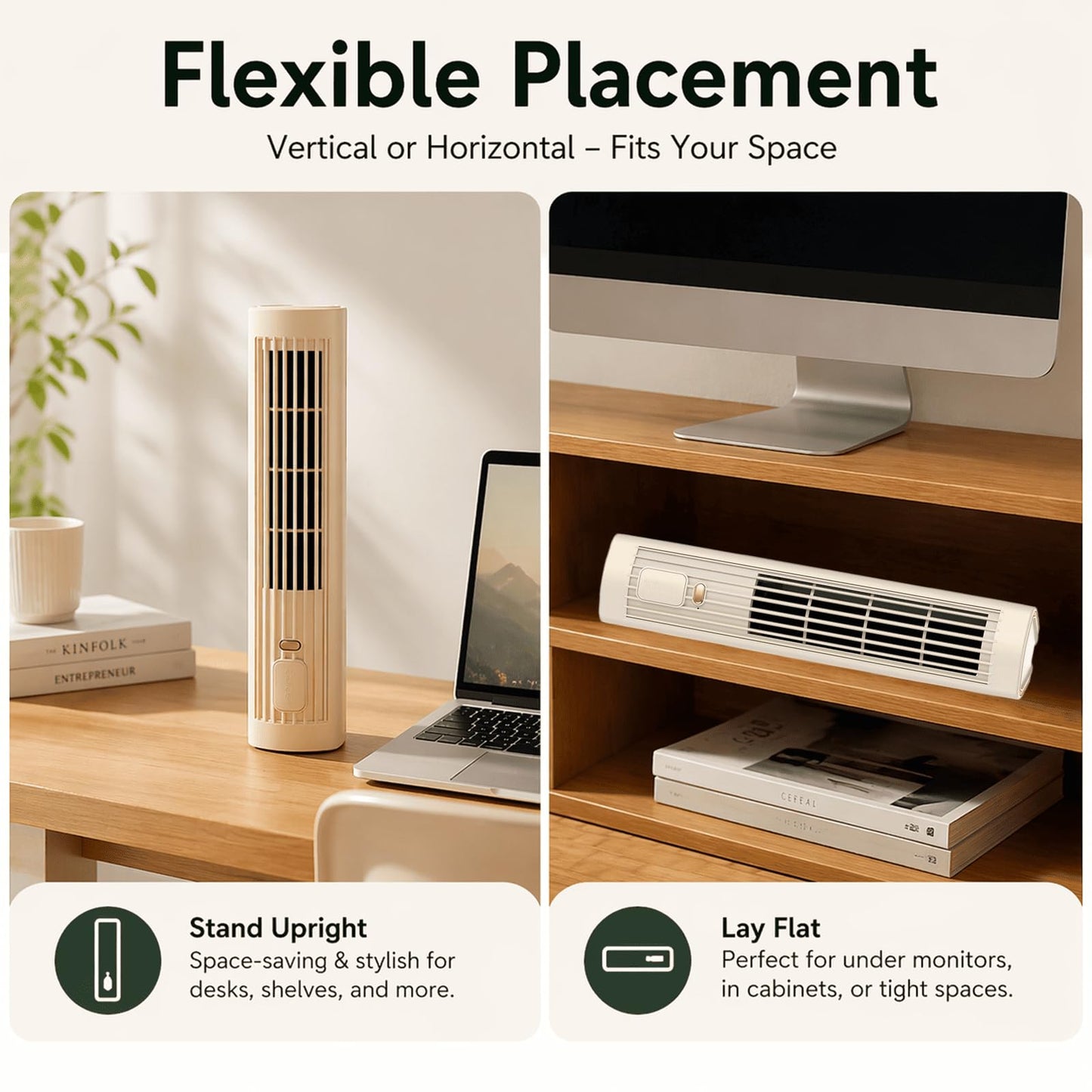 ZUSEOIA Portable Tower Fan, Quiet Bladeless Desk Fan with 3 Speeds, Rechargeable Mini Cooling Fan for Bedroom, Office & Travel, Vertical & Horizontal