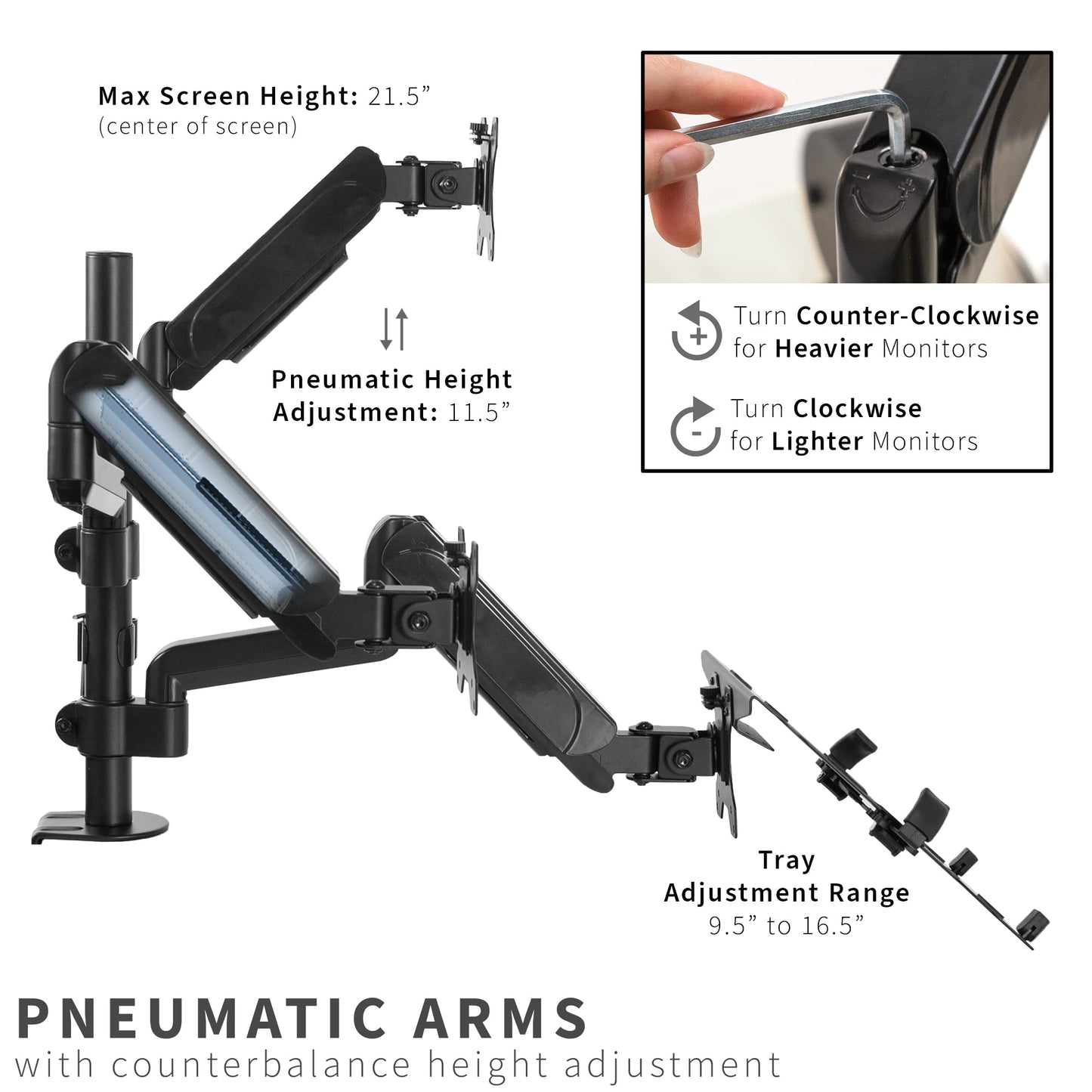 VIVO Laptop and Dual 17 to 32 inch Monitor Pneumatic Arm Mount, Fits 2 Flat or Curved Computer Screens and 10 to 15.6 Inch Notebooks, Laptop Tray