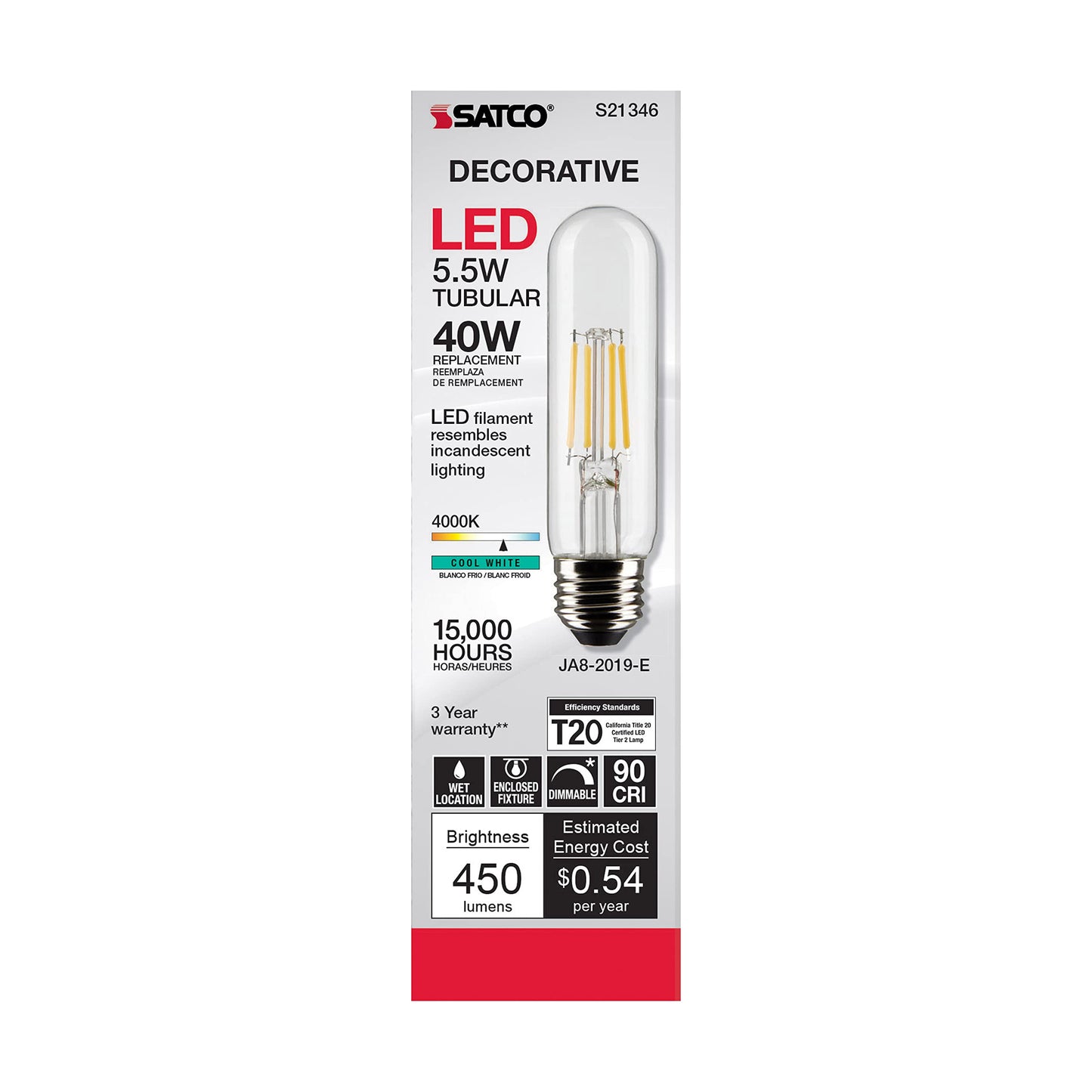Satco 20653-5.5 watt 120 Volt T10 Medium Screw Base 4000K Cool White Dimmable LED (5.5T10/LED/CL/940/120V/E26 S21346)