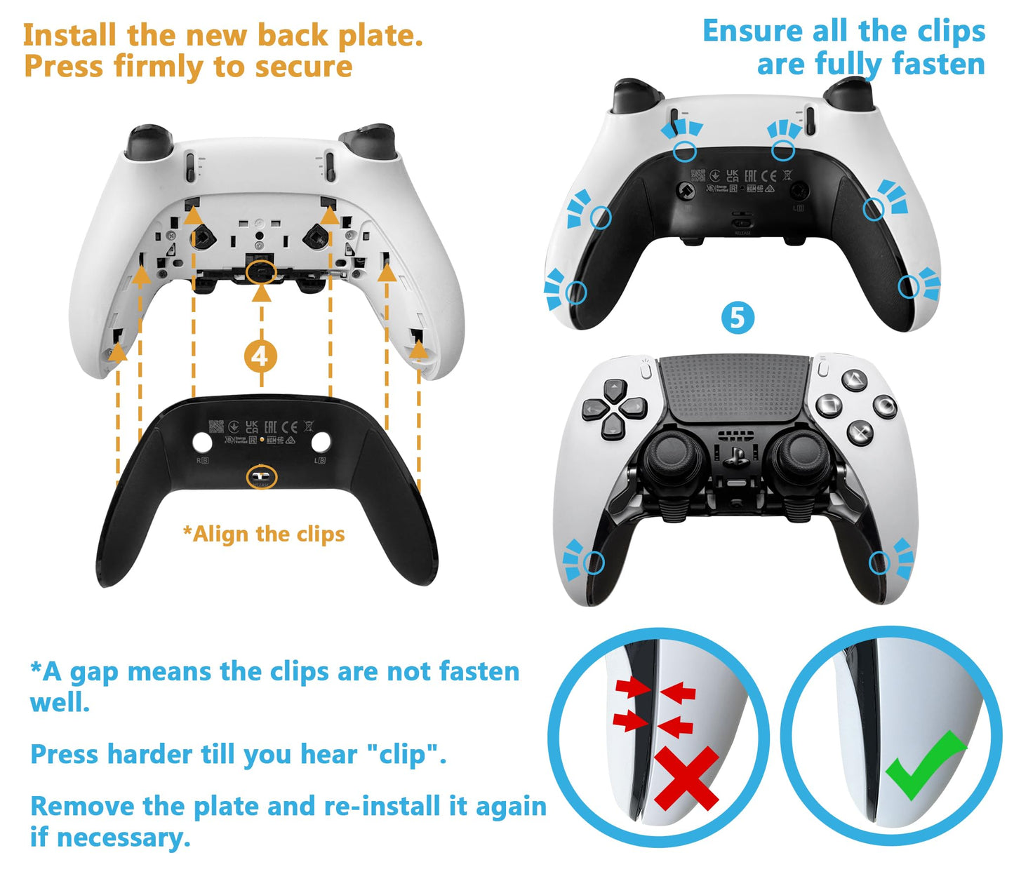 Replacement Back Shell Cover Trim forDualSense Edge Controller Compatible withPS5 DSE- Clip-On Housing with OEM-Spec Soft Rubber Grip, Fixes Yellowing