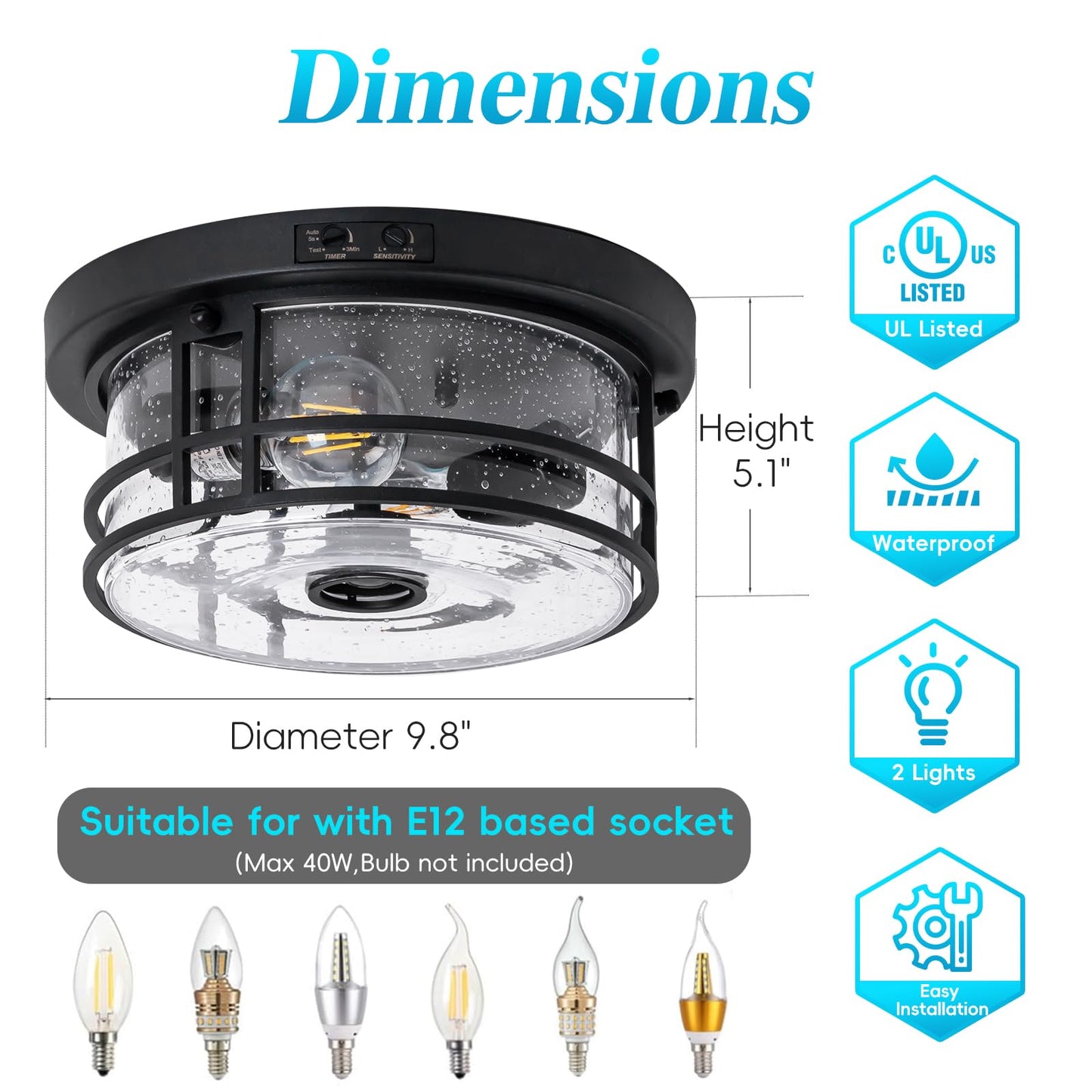 SAYTOP Outdoor Ceiling Light with Motion Sensor Flush Mount Round Porch Light, Industrial 2-Light Dusk to Dawn Ceiling Light Fixture with Clear Glass