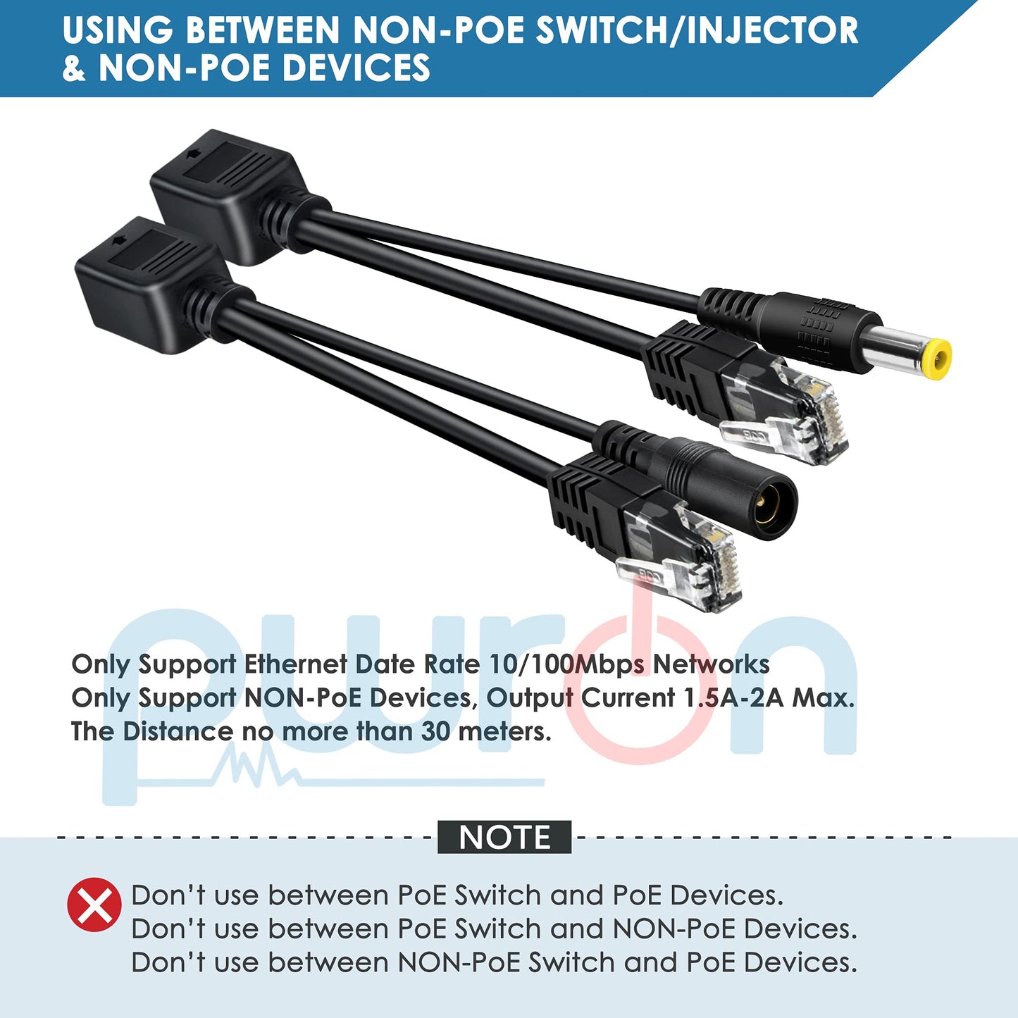 PwrON Passive PoE Injector and PoE Splitter Kit with 5.5x2.1 mm DC Connector Adaptor Connector RJ45 for Non-POE Switch and Non-POE Device