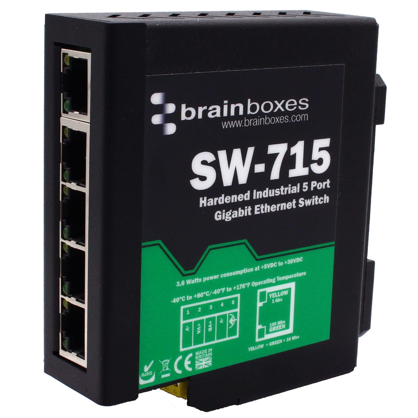 Brainboxes - SW-715 - Brainboxes Hardened Industrial 5 Port Gigabit Ethernet Switch DIN Rail Mountable - 5 Ports - TAA Compliant - 2 Layer Supported